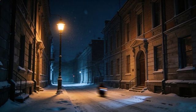 Streetlamp casting warm glow on snow-covered historic street at night with passing rider