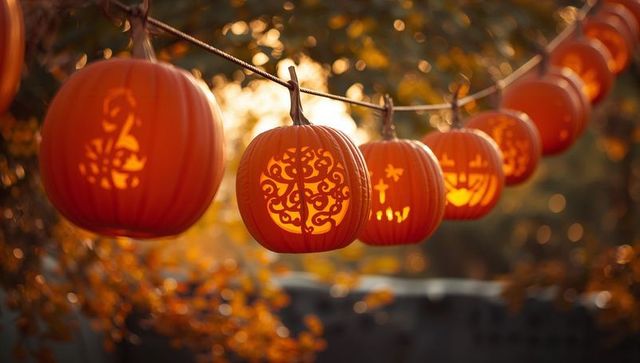 Hanging Jack-o'-Lanterns Glowing in Autumnal Setting at Golden Hour