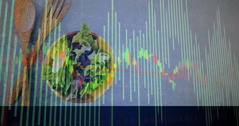 Combining salad bowl with data bars and waveform representing food tech analytics
