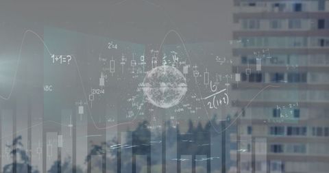 Mathematical formulas overlaying urban cityscape