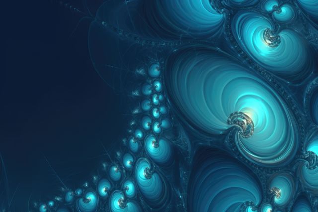 Abstract fractal art showcases glowing swirls and geometric patterns in various shades of blue. Ideal for presentations, web design backgrounds, digital artwork, and technology-themed projects. Its intricate and futuristic design appeals to those looking for a visually captivating piece.