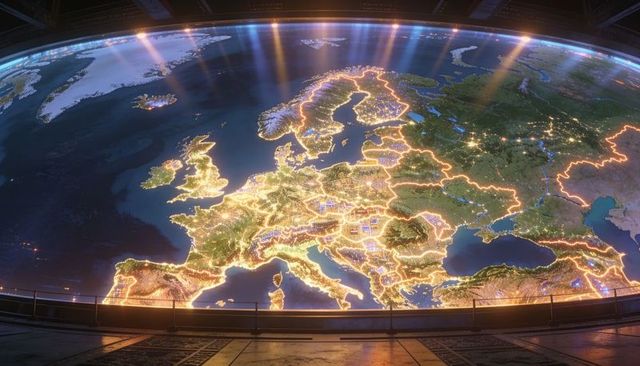 Illuminated europe globe in futuristic planetarium dome highlighting golden borders