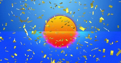 Vibrant sunset with reflecting sea and golden confetti