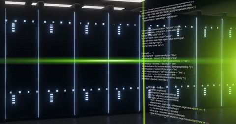 Dynamic visualization of data processing in a futuristic server room. Features glowing data lines and digital code projections indicative of global connections and advanced computing technologies. Useful for illustrating concepts in data management, information technology, network infrastructure, cloud computing strategies, or digital transformation industries. Perfect for presentations, educational content, or tech industry marketing material.