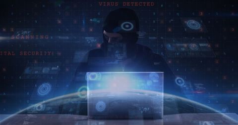 Hacker in Dark Room with Digital Virus Warning Interfaces - Download Free Stock Images Pikwizard.com