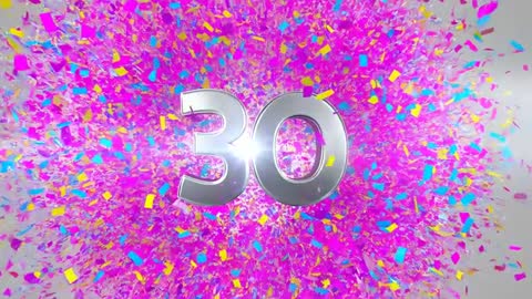 Silver 30 exploding through magenta confetti with cyan and yellow accents 3D cinematic