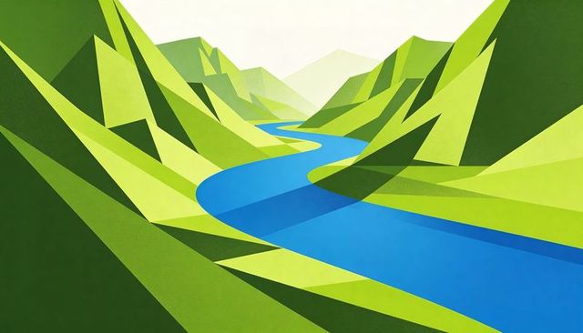 Winding blue river cutting through low-poly geometric green mountain valley