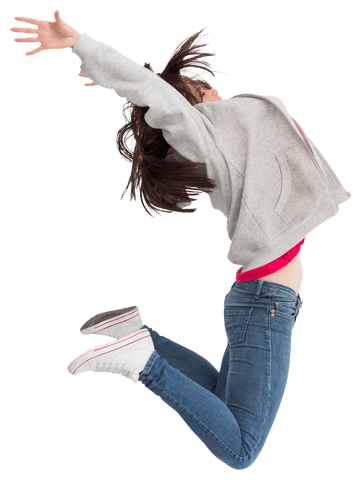Joyful Woman in Mid-Air Pose on Transparent Background