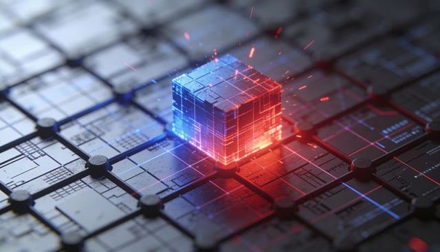 Glowing layered cube emitting blue and red circuitry light on metallic grid with sparks