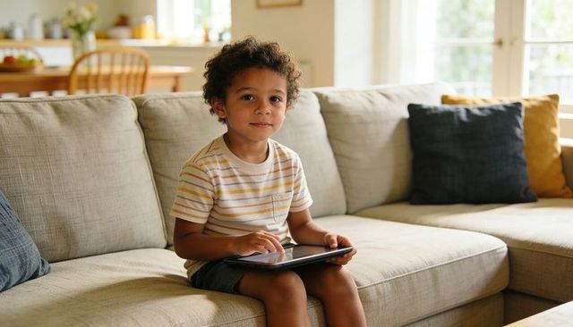 Young boy using tablet on cozy living room sofa, casual learning and relaxed screen time