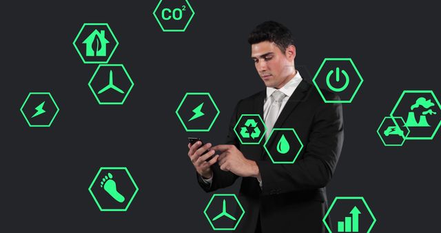 Businessman Using Smartphone with Green Energy Icons - Download Free Stock Images Pikwizard.com