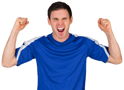 Excited Football Fan Cheering in Blue Sports Shirt on Transparent Background