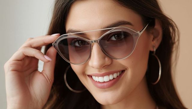 Smiling woman wearing cat-eye sunglasses and hoop earrings, glamorous beauty headshot