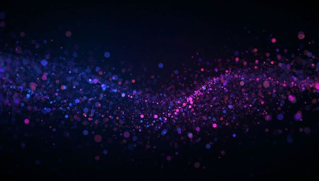 Glowing particle ribbon flowing across dark void violet magenta bokeh wave sparkles