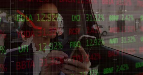 Businesswoman Analyzing Financial Data on Smartphone with Overlaid Stocks