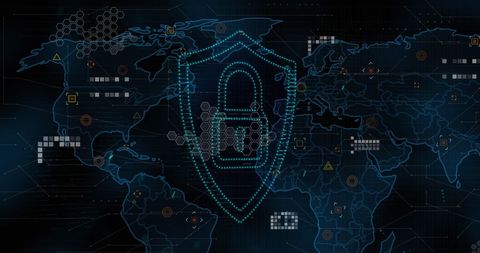 Global Cybersecurity with Digital Lock on World Map Background