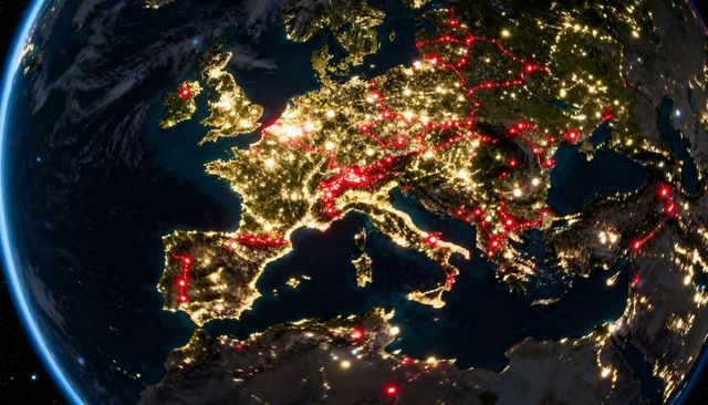 Europe at night showing red network lines tracing connected cities over city lights