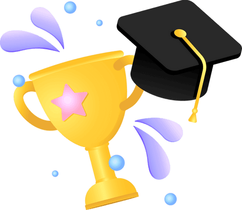 Golden Trophy and Graduation Cap with Purple Water Droplets Transparent Design