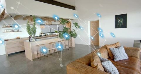 Augmented Reality Smart Home Overlay in Minimalist Open-Plan Kitchen with Leather Sofa