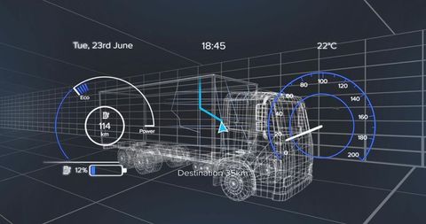 Futuristic wireframe semi-truck with digital technology overlays