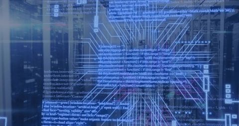Holographic network schematic projecting over data center server racks with code traces