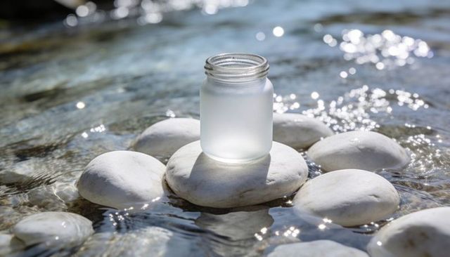Frosted glass jar resting on white river pebbles with sunlit water reflections