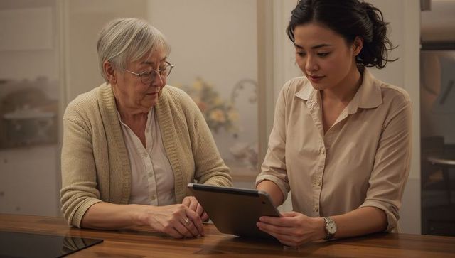 Younger woman helping senior learn tablet at kitchen counter, home care digital support