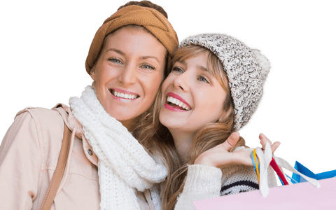 Transparent Smiling Women with Shopping Bags on Winter Day