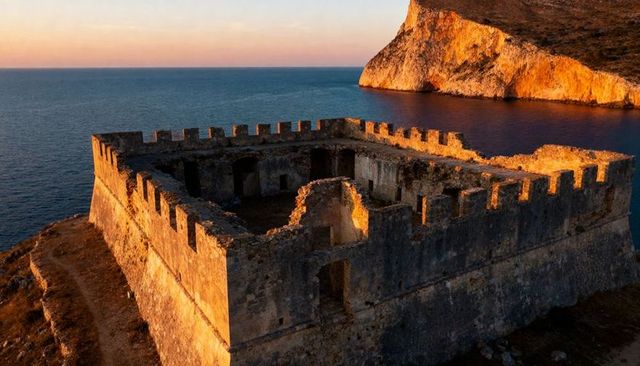 Cliffside fortress ruins bathing in golden light with crenellated battlements