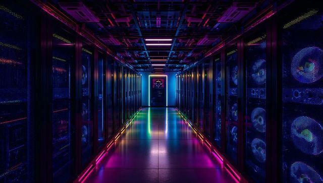 Futuristic data center corridor with neon lighting