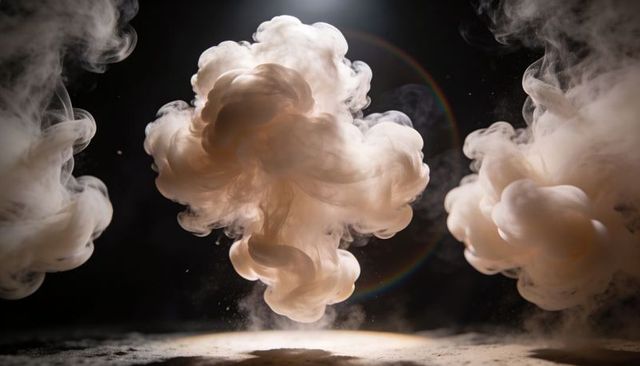 Cream plume rising in dark studio spotlight with floating swirls and subtle rainbow halo