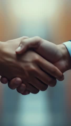 Vertical video professionals shaking hands in office hallway close-up business handshake