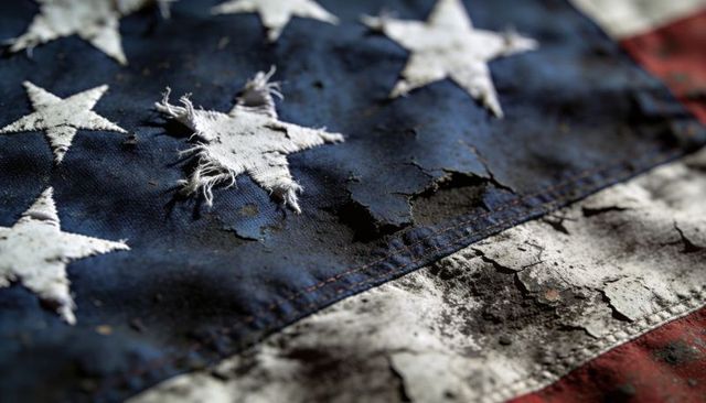 Weathered american flag showing frayed stars, cracked stripes, grime and torn seam