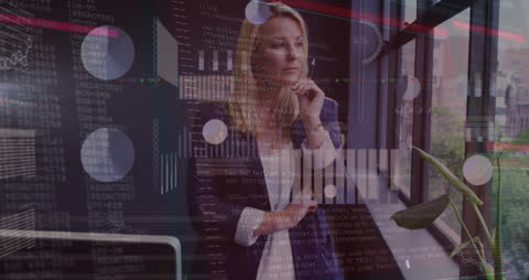 Businesswoman Analyzing Data with Interface Overlay in Office