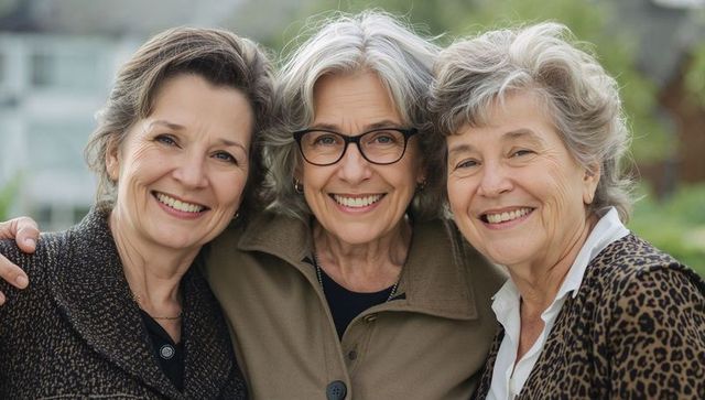 Smiling senior women embracing outdoors in garden sharing warm friendship