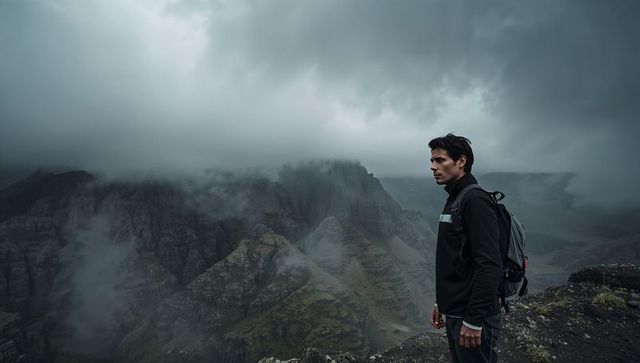 Solo hiker surveying fog-filled mountain valley from rocky ledge during moody storm