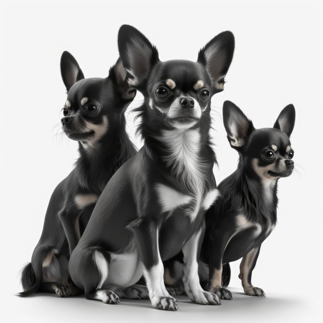 Close up of three cute black and white chihuahua dogs, created using generative ai technology. Dog and pet animal concept digitally generated image.