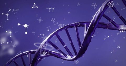 Futuristic dna double helix with molecular symbols in digital space