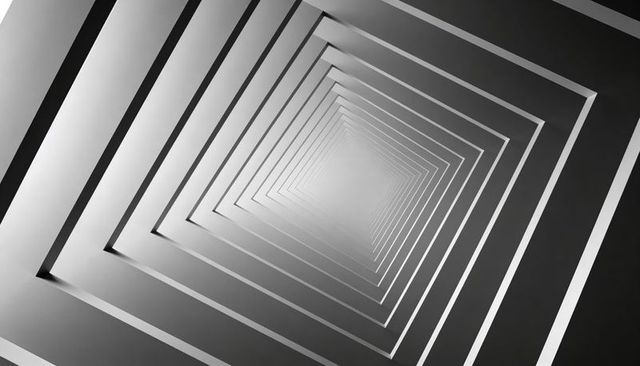 Spiraling Rectangular Frames Creating Monochrome Tunnel with Glowing Vanishing Point