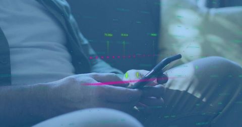 Mature Man Tapping Smartphone with Futuristic HUD Overlay, Neon Cyber Home Tech