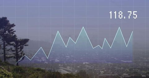 Cyan line chart overlaying misty suburban hillside showing data trend and value 118.75