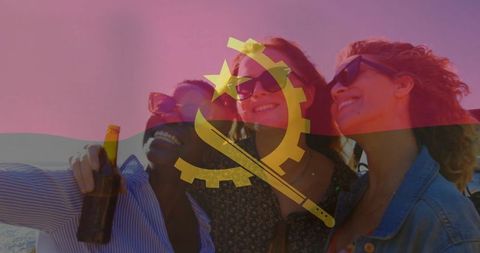 Joyful Friends Taking Selfie on Beach with Beer in Hand