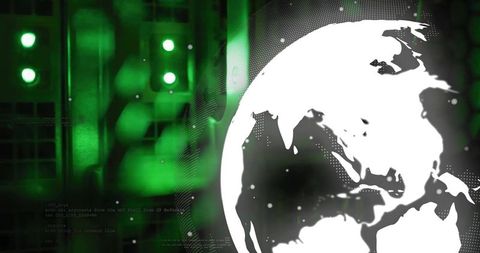 Rotating stylized globe overlaid on green data center servers showing global network