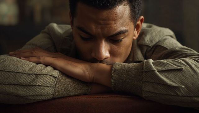 Pensive young man leaning on folded arms over leather armrest warm moody portrait