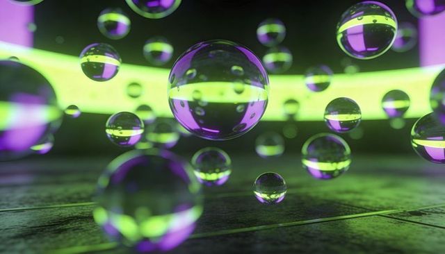 Neon Glass Spheres Floating Over Tiled Floor with Green Glow and Purple Reflections
