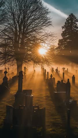 Vertical sunrise video casting golden rays through bare tree and gravestones in misty cemetery