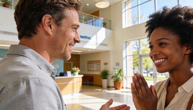 Smiling receptionist and visitor sharing warm conversation in bright sunlit modern lobby