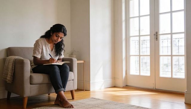 Sunlit journaling woman in minimal living room with french doors, remote work lifestyle
