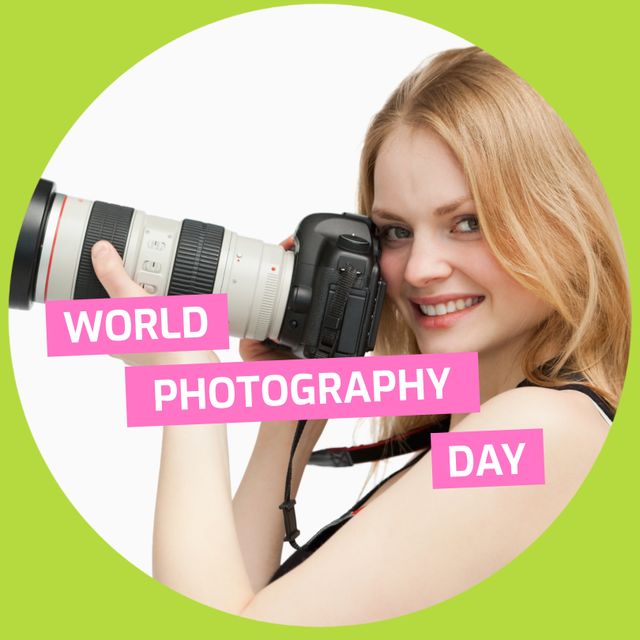 Happy Woman Holding Camera Celebrating World Photography Day - Download Free Stock Templates Pikwizard.com