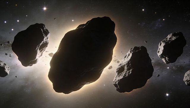 Backlighting asteroid field drifting past sun with cratered boulders and space debris